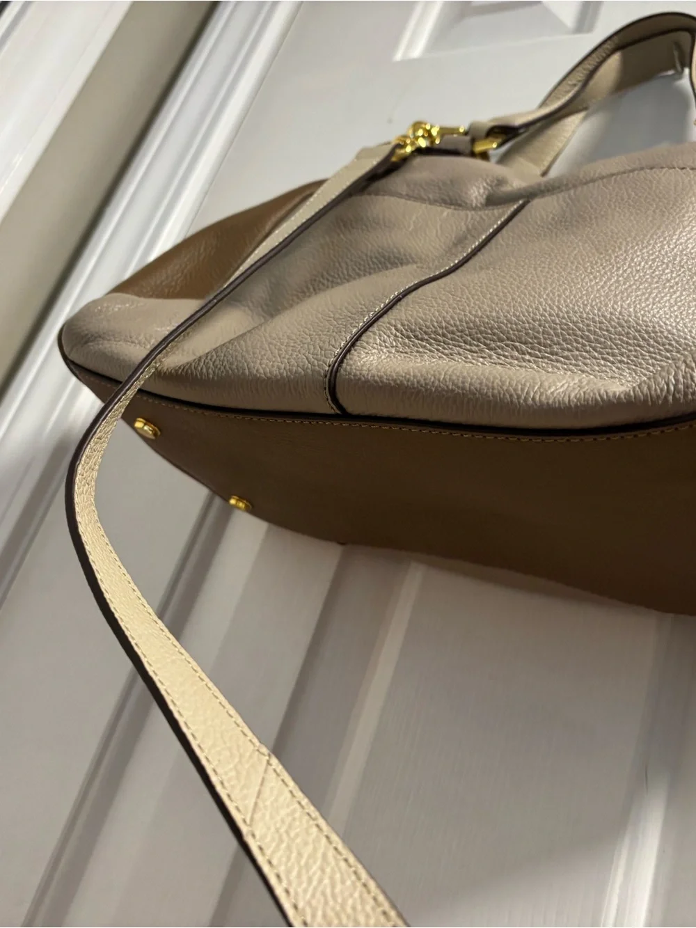 Oryany Tri-Color Pebbled Leather Satchel Crossbody Bag Taupe Tan Cream EUC - Picture 6 of 9